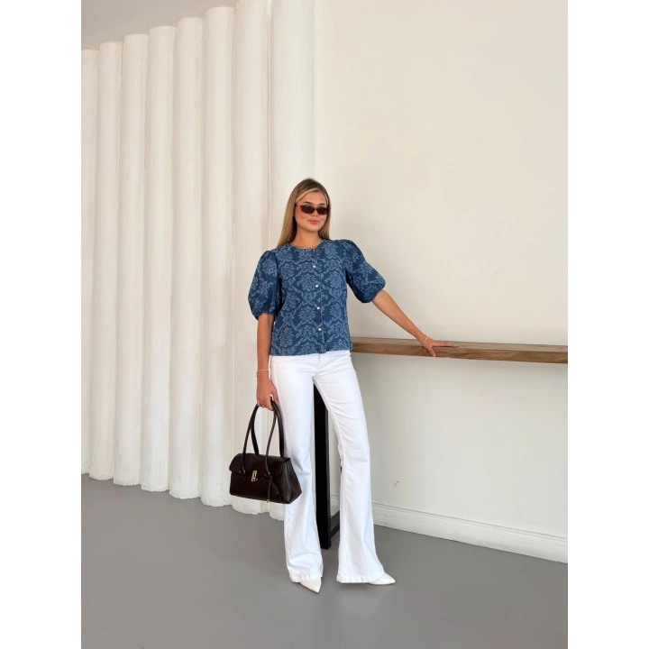 Desenlı Balon Kol Denim Bluz Mavi