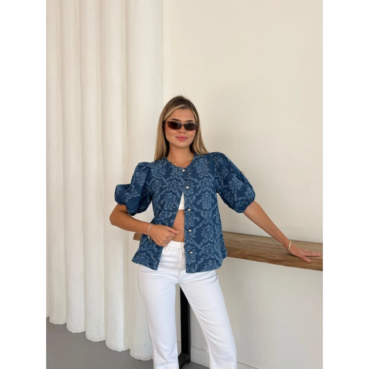 Desenlı Balon Kol Denim Bluz Mavi
