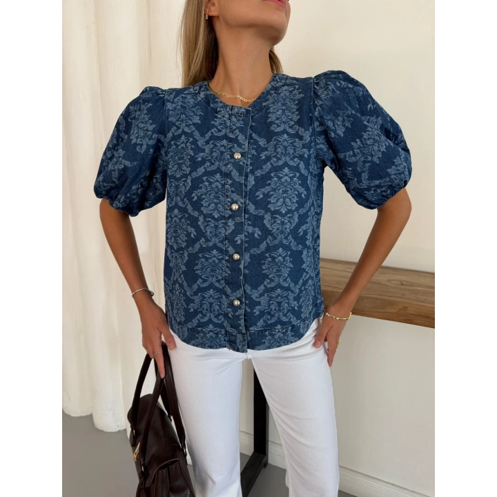 Desenlı Balon Kol Denim Bluz Mavi