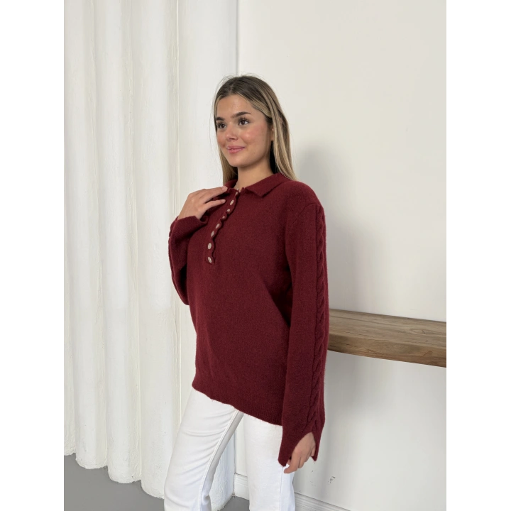 Düğme Detaylı Bebe Yaka Kazak Bordo