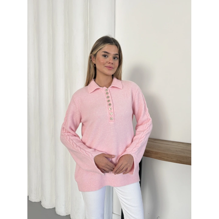 Düğme Detaylı Bebe Yaka Kazak Pembe