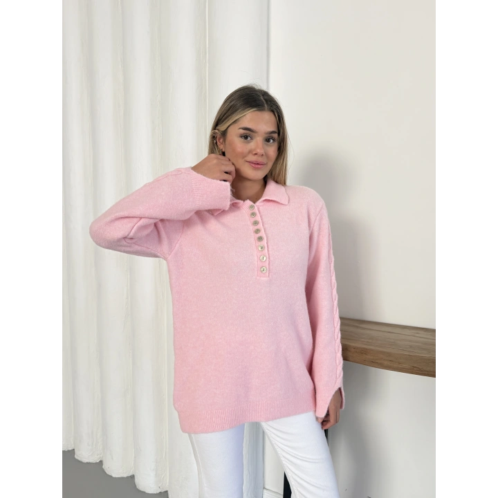 Düğme Detaylı Bebe Yaka Kazak Pembe