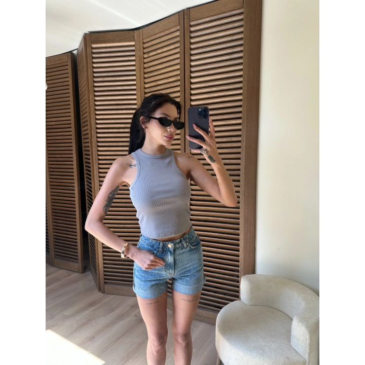 Halter Yaka Fitilli Crop Gri