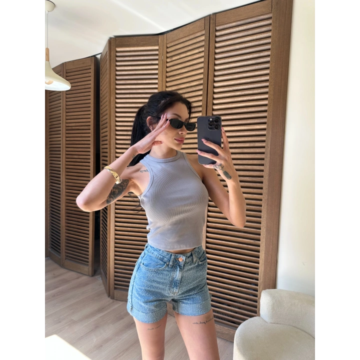 Halter Yaka Fitilli Crop Gri
