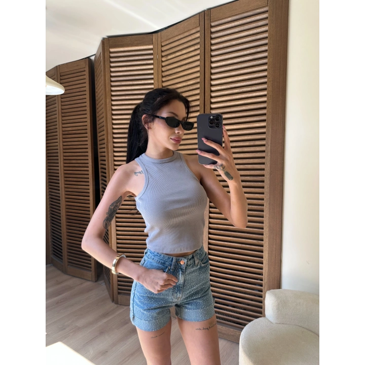 Halter Yaka Fitilli Crop Gri
