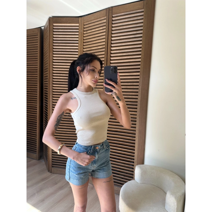 Halter Yaka Fitilli Crop Krem