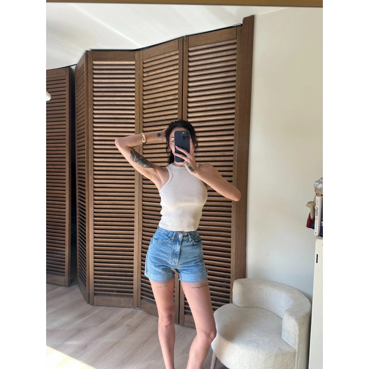 Halter Yaka Fitilli Crop Krem