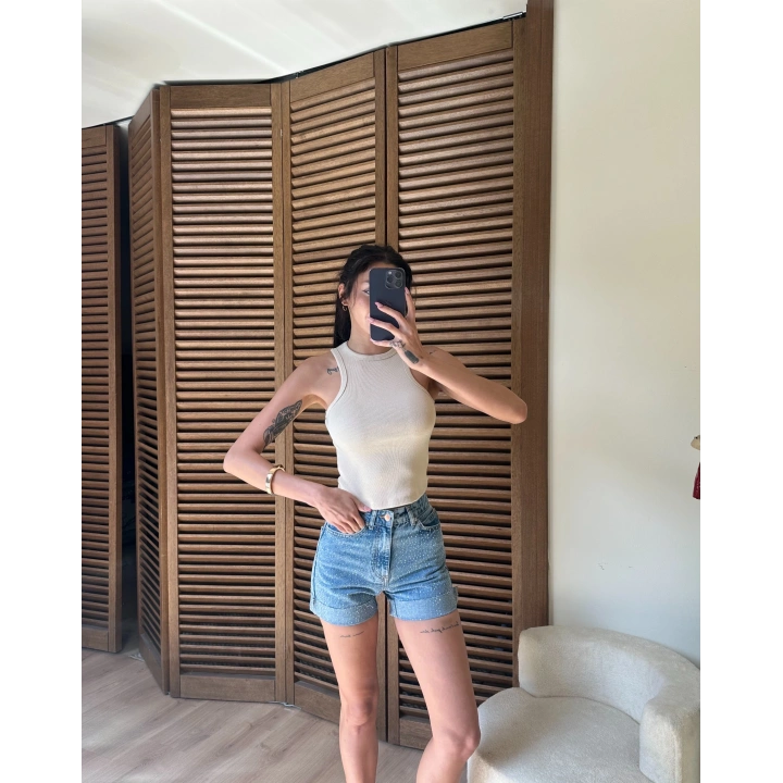 Halter Yaka Fitilli Crop Krem