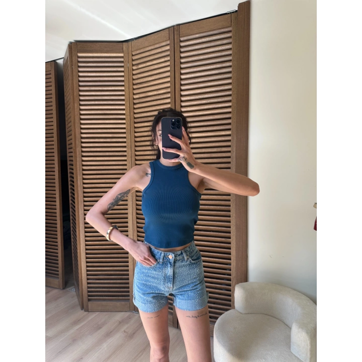 Halter Yaka Fitilli Crop Petrol Mavisi