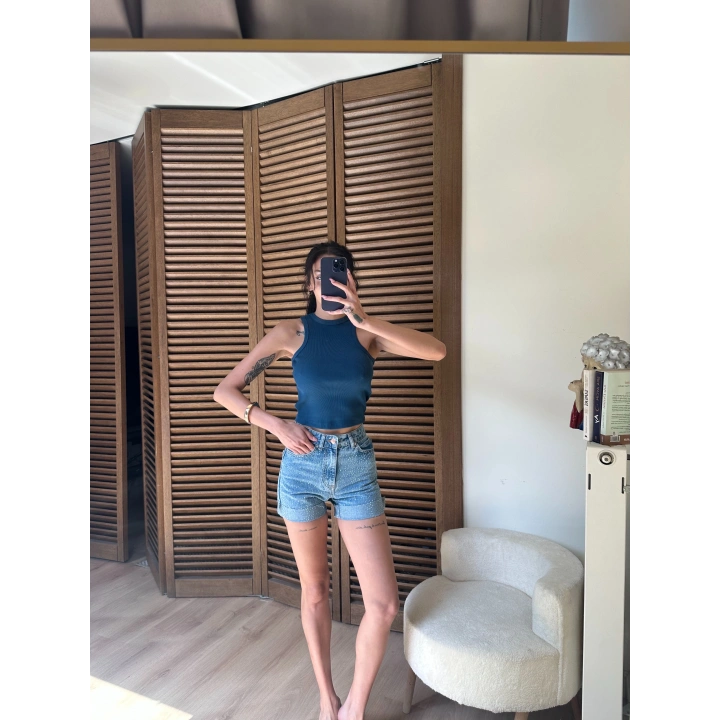 Halter Yaka Fitilli Crop Petrol Mavisi