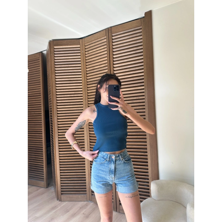 Halter Yaka Fitilli Crop Petrol Mavisi
