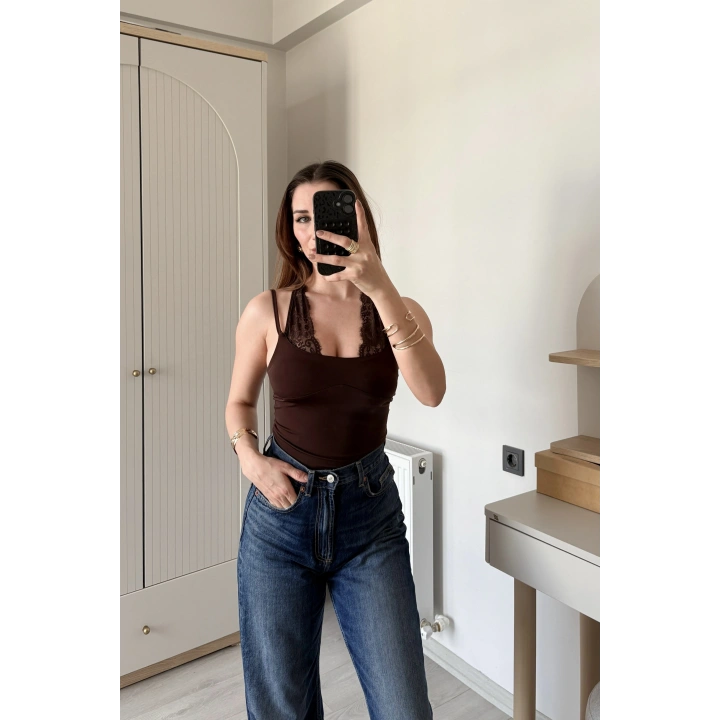Kahve Nancy Dantel Kombineli Bodysuit