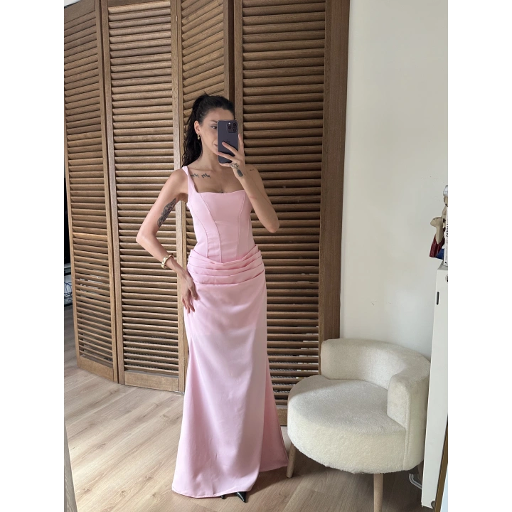 Korse Detaylı Drapeli Maxi Elbise Pembe