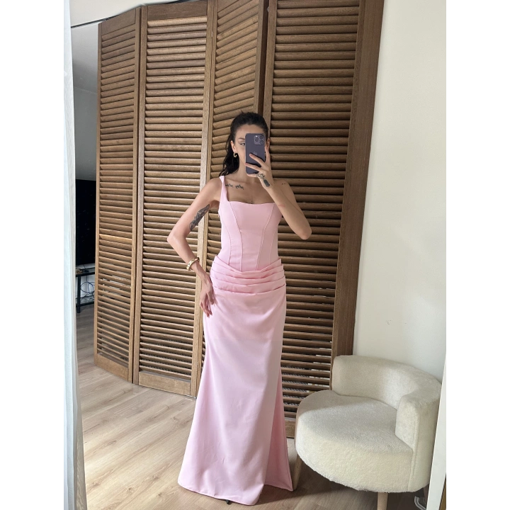 Korse Detaylı Drapeli Maxi Elbise Pembe