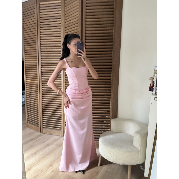 Korse Detaylı Drapeli Maxi Elbise Pembe