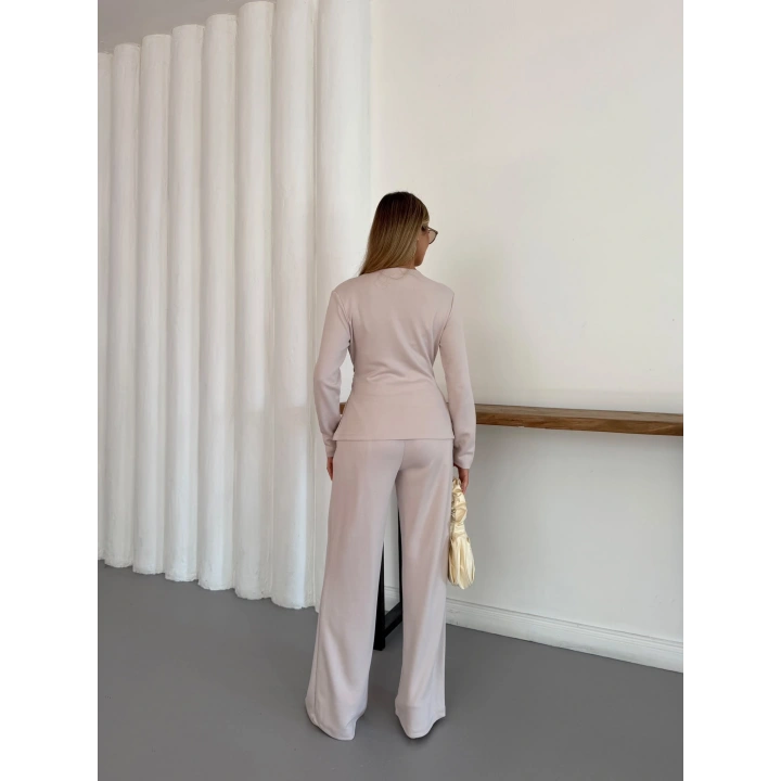 Kruvaze Kesim Drape Detaylı Takım Bej