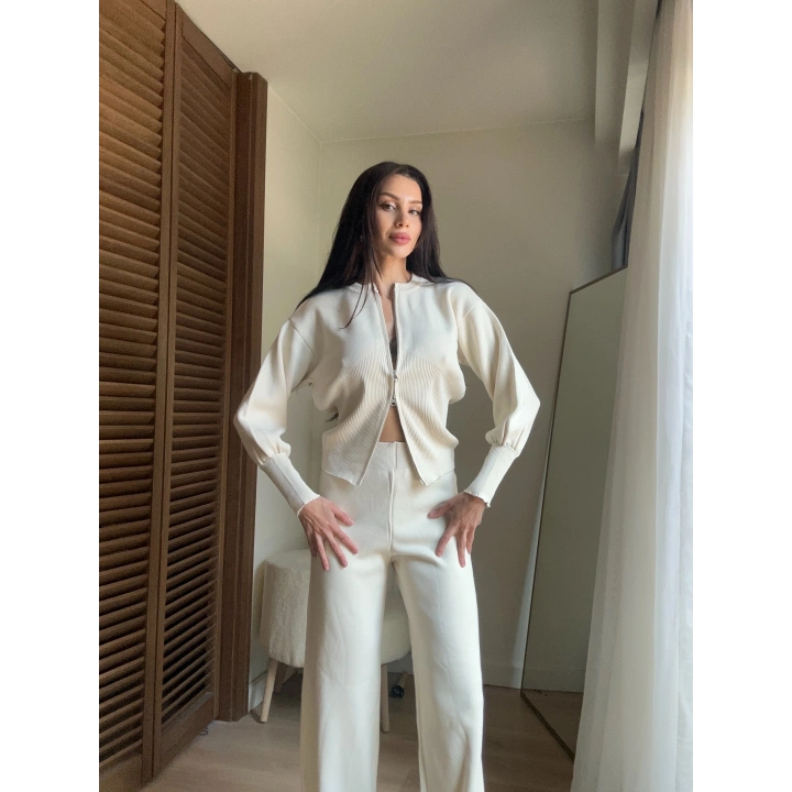 Liva Çift Fermuarlı Triko Takım Krem