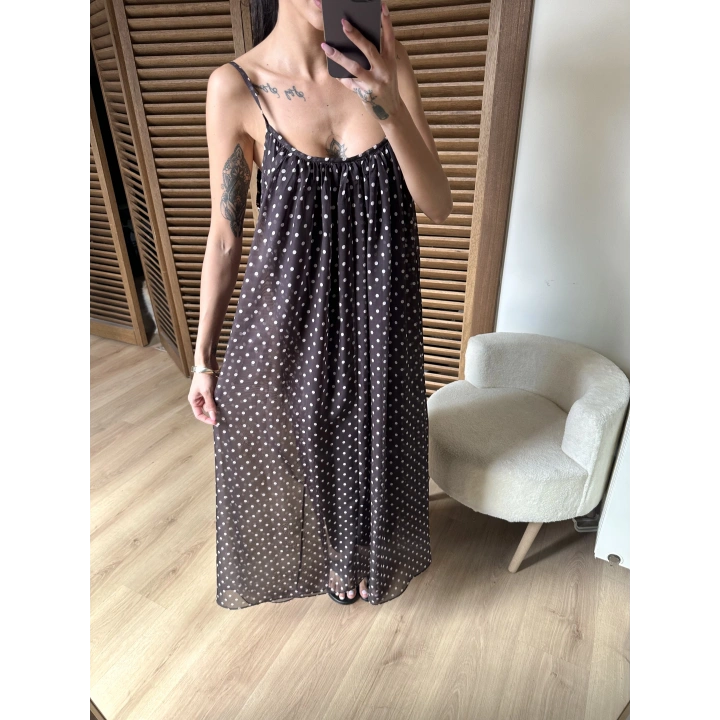 Noa Puantiye Maxi Elbise Kahverengi