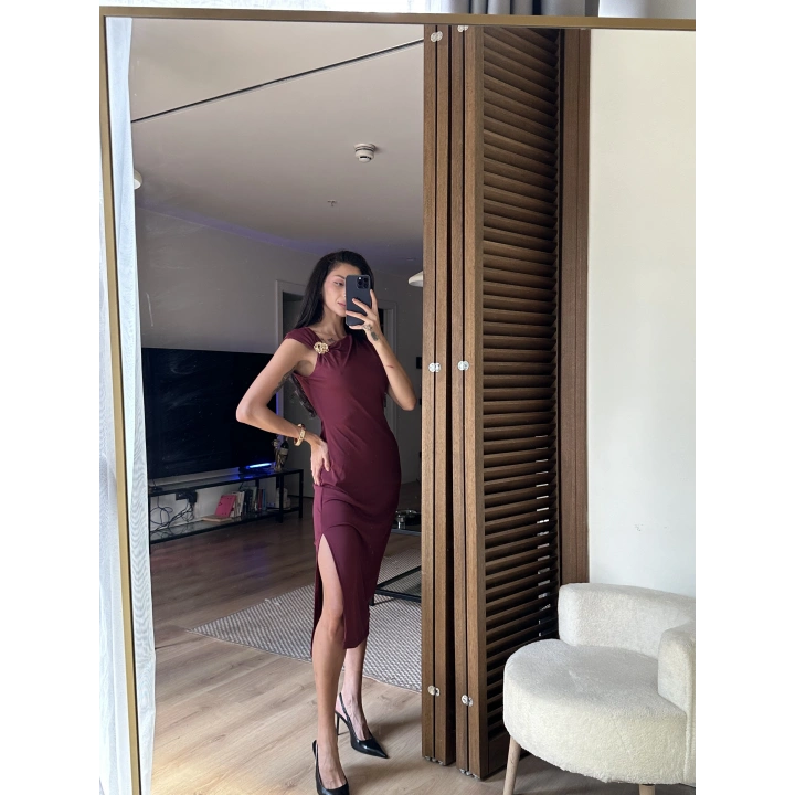 Mokka Gold Toka Detaylı Midi Elbise Bordo