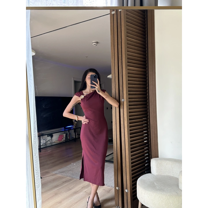 Mokka Gold Toka Detaylı Midi Elbise Bordo