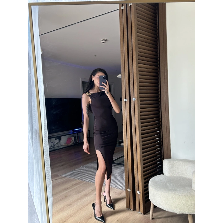 Mokka Gold Toka Detaylı Midi Elbise Kahverengi