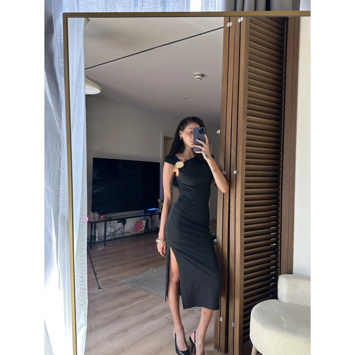 Mokka Gold Toka Detaylı Midi Elbise Siyah