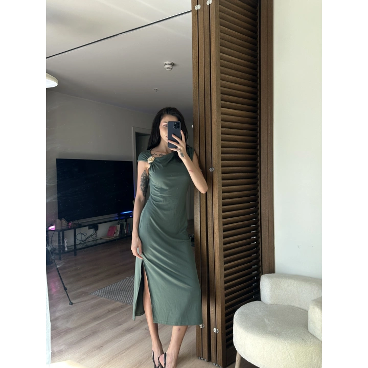 Mokka Gold Toka Detaylı Midi Elbise Yeşil