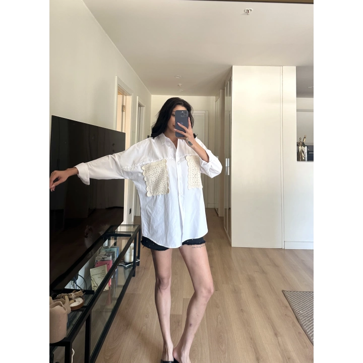 Nakış Detaylı Poplin Gömlek Beyaz