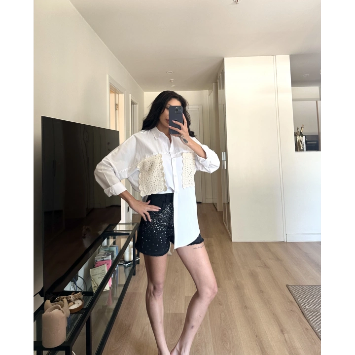 Nakış Detaylı Poplin Gömlek Beyaz