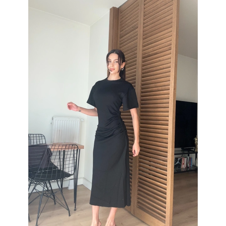 Nessa Drapeli Midi Elbise Siyah