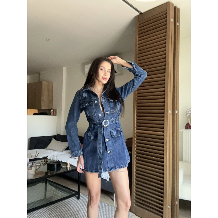 Nola Denim Elbise Koyu Mavi