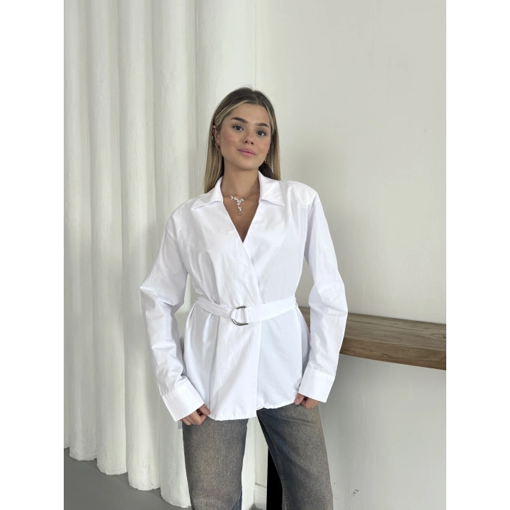 Poplin Kemer Detaylı Gömlek Beyaz