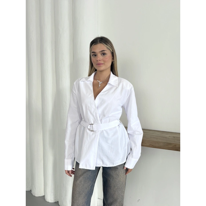 Poplin Kemer Detaylı Gömlek Beyaz