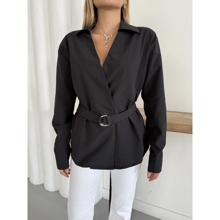 Poplin Kemer Detaylı Gömlek Siyah