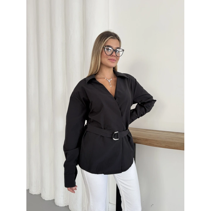Poplin Kemer Detaylı Gömlek Siyah