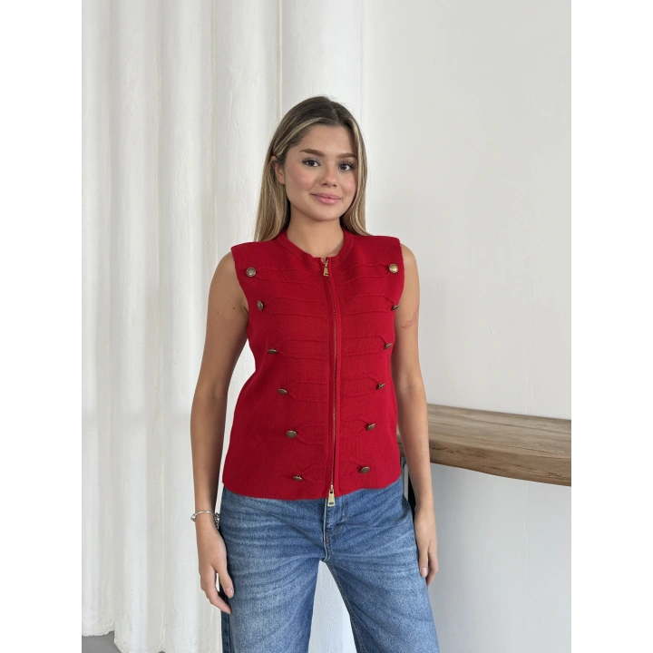 Süs Düğmeli Triko Yelek Kırmızı