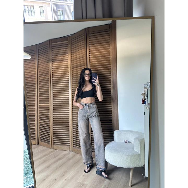 Taşlı Baggy Eskitme Jean