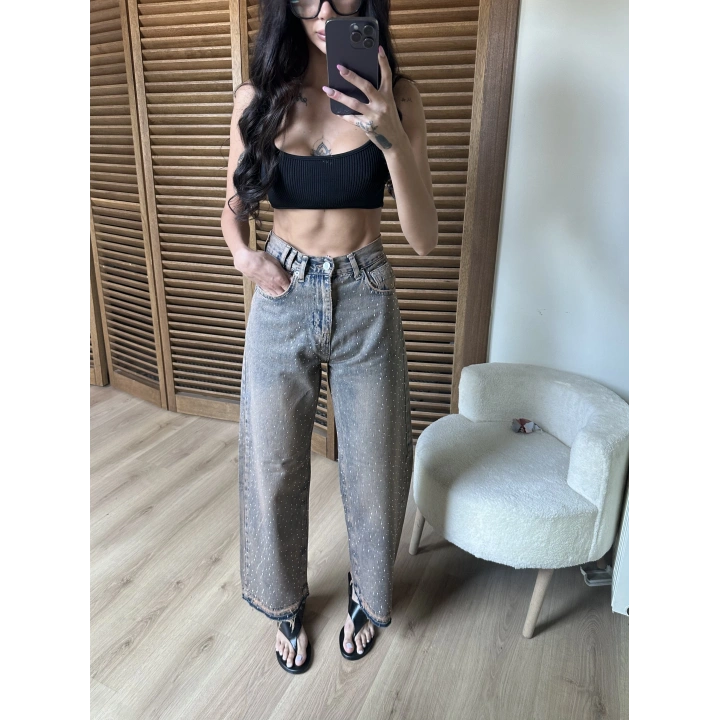 Taşlı Baggy Eskitme Jean
