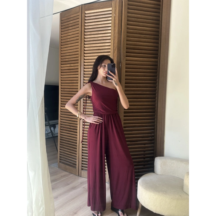 Tek Omuz Detaylı Drapeli Tulum Bordo