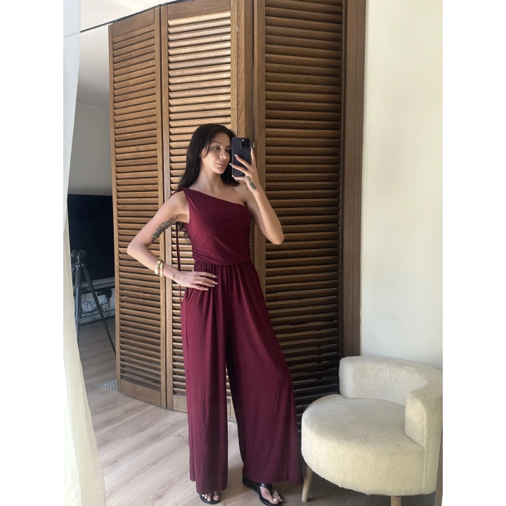 Tek Omuz Detaylı Drapeli Tulum Bordo