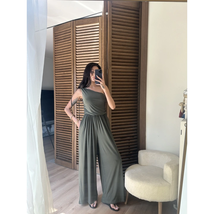 Tek Omuz Detaylı Drapeli Tulum Haki