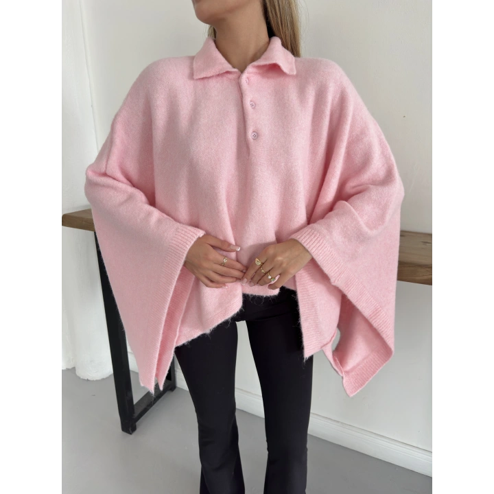 Yakalı Düğme Detaylı Triko Panço Kazak Pembe