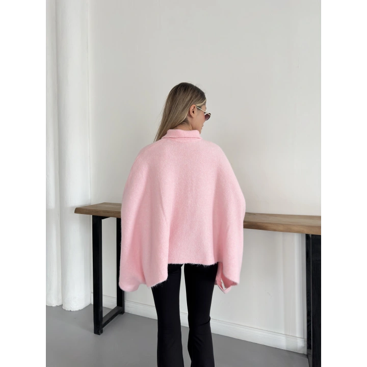Yakalı Düğme Detaylı Triko Panço Kazak Pembe