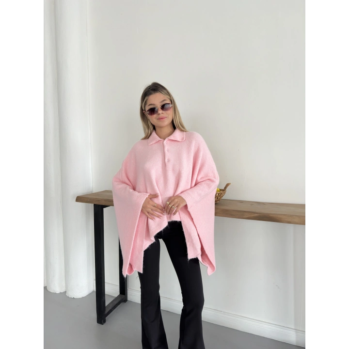 Yakalı Düğme Detaylı Triko Panço Kazak Pembe