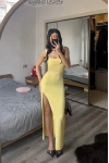 Sezy Sarı Kare Yaka Yırtmaçlı Elbise