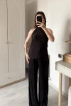 Siyah Piliseli Halter Yaka Takım