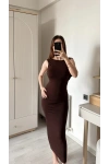 Kahve Neva Sırt Dekolteli Maxi Elbise