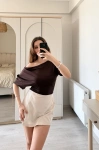 Miela Kahve Yaka Detaylı 2 Kullanımlı Bluz