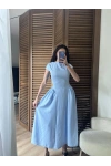 Bel Büzgü Detaylı Maxi Elbise Mavi