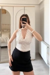 Bonny Beyaz Dantel Detay Puantiyeli V Yaka Bluz